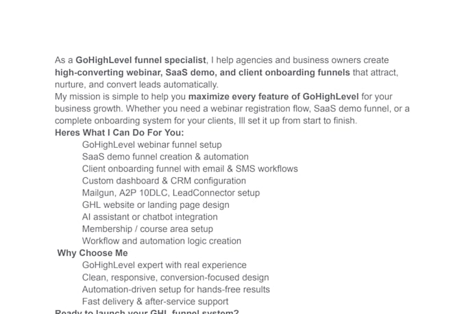 create gohighlevel webinar, saas demo, and client onboarding funnel